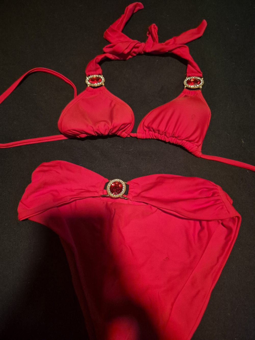 Red Women's Bikini Set with Decorative Gem Accents